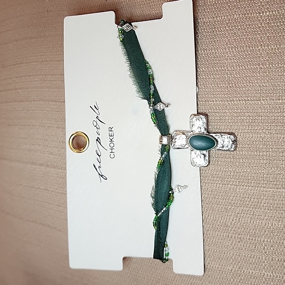 Free People Lola Choker Pendant Necklace with Green Ribbon
